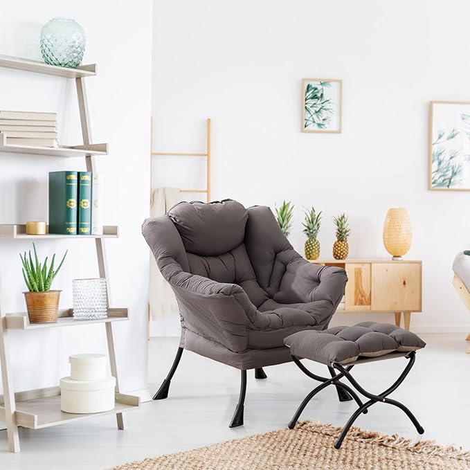LITA Lazy Chair with Ottoman Modern Accent Leisure Upholstered Lazy Sofa Armchair Contemporary Lounge Reading Chair with Armrests and a Side Pocket for Living Room Bedroom &amp Small Space Dark G