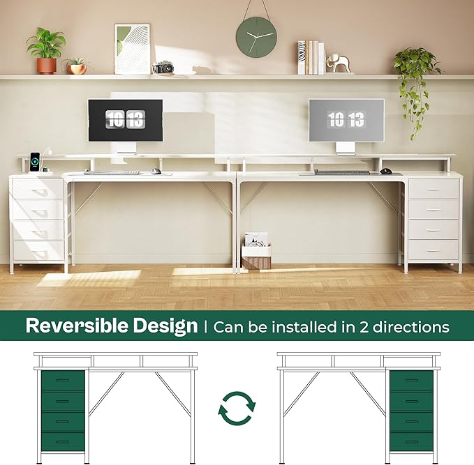 Huuger 63 Inch Computer Desk with Power Outlets and LED Lights Gaming Desk with 4 Drawers Office Desk with Monitor Stand Study Work Desk for Home Office White