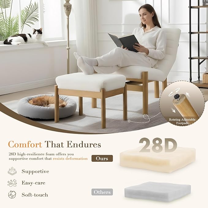 Accent Chair with Ottoman Living Room Chair White Sherpa Upholstered Lounge Chair with Footrest Set Modern Chair Cozy Reclining Chair for Reading Room Bedroom White