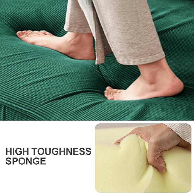 5-in-1 Folding Convertible Sofa Bed Loveseat Sleeper with Pull-Out Bed Floor Sofa Modular Futon Couch 79 Oversized Corduroy Upholstered Boneless Couch for Living Room Bedroom Lounge Green-C