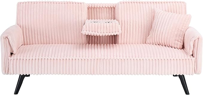 72'' Fabric Loveseat Sofa Comfy Corduroy Couch with 2 Embedded Teacup Holders 2 Seater Sofa with Adjustable Backrest Modern Small Convertible Futon Sofa Bed for Living Room Apartment (Pink)