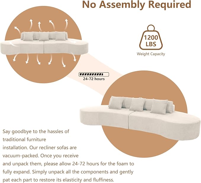 GNIXUU Modern Curved Sofa for Living Room 130.5 Oversized Boneless Sectional Couch with 3 Pillows 4 Seater Compression Cloud Couches for Apartment Bedroom Office No Assembly Required Beige