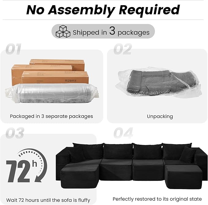 HOMREST 131 Cloud Couch Sectional U Shaped Modern Sofa with 2 Ottomans Comfy Corduroy Fabric Modular Sectional Sofa in a Box Boneless Couches for Living Room No Assembly Required (Black)