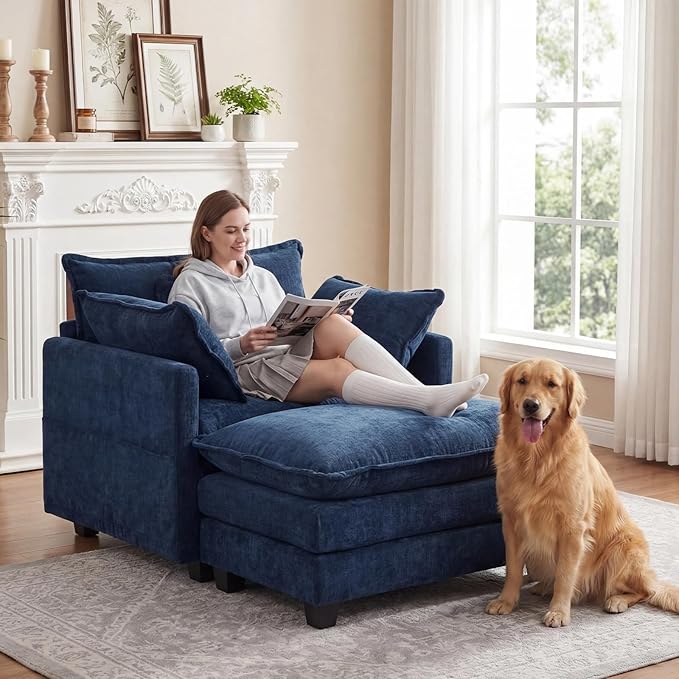 Furniliving Oversized Accent Chair with Ottoman Luxury Chenille Single Sofa Upholstered Deep Seat Chaise Lounge with Pillows for Living Room Bedroom Apartment Blue