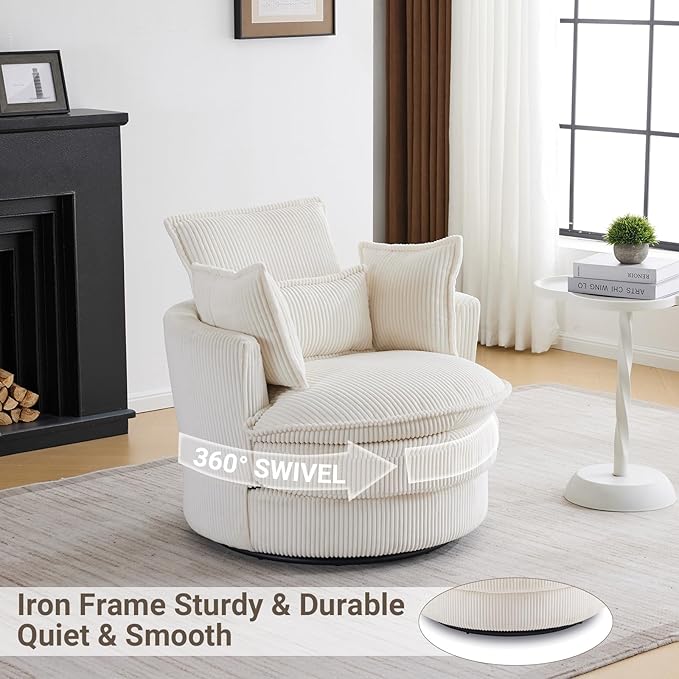 Karl home Swivel Barrel Chair-Corduroy360 Degree Modern Lounge Armchair ChairComfy Round Accent Single Sofa Chair with 3 Pillows for Living RoomBedroomLoungeHotelBeige