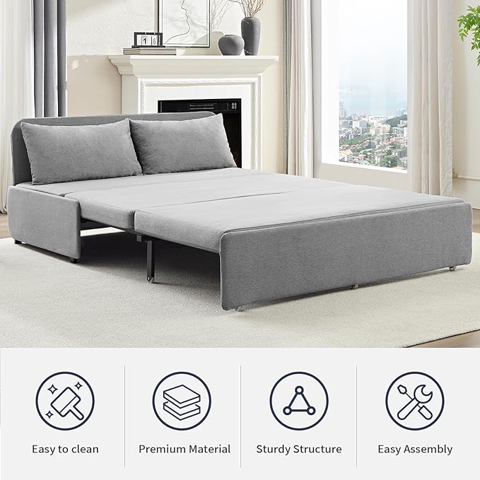 2 in 1 Pull Out Sofa Bed Queen Size Small Convertible Sleeper Sofa Couch Linen Folding Guest Bed with Wheels and Cushions Pillow Futon Sofas Couch Beds for Bedroom Office Lounge - Light Grey