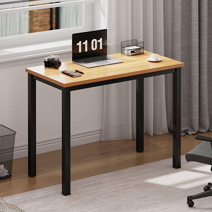 Need 31 Inch Small Computer Desk Modern Simple Style Writing Desk for Home Office Basic PC Work Desk with Black Metal Frame Teak