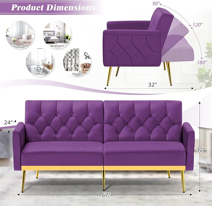 Velvet Sofa Bed w/Adjustable Armrests and Backrests Modern Convertible Sleeper Sofa Tufted Futon Sofa for Bedroom Living Room Apartment Purple