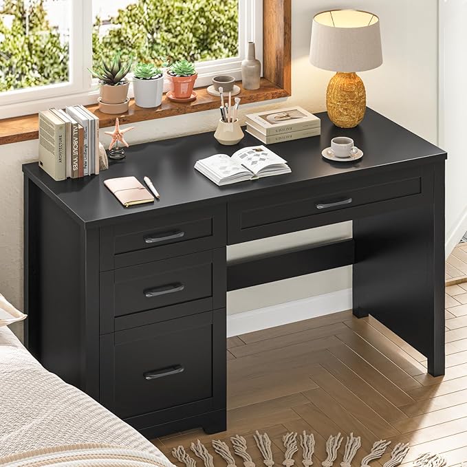 Vabches Farmhouse 47 Executive Desk with File Drawer Workstation for Home Office Study WritingWood Computer Desk with 3 Storage Drawers.(Black