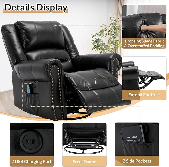 Manual Massage Recliner with Heating Function 360° Swivel Glider Rocking Recliner Chair for Living Room Ergonomic Single Sofa Chair with Remote Control/USB Ports/Side Pockets(Black)