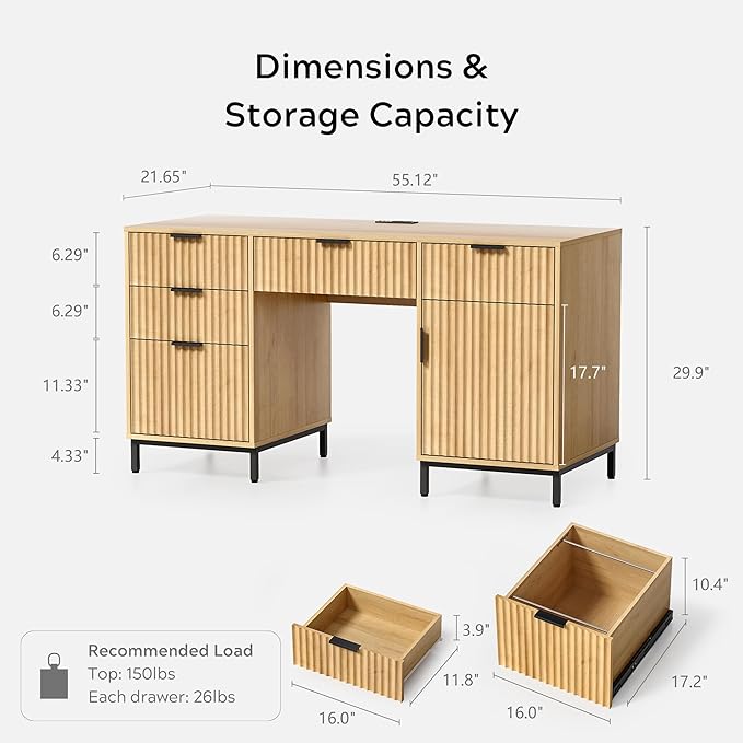 55 Fluted Executive Desk Modern Wood Home Office Desk with Charging Station Keyboard Tray File Drawer Storage Cabinet Computer Writing Desk for Work Study Writing Natural Oak
