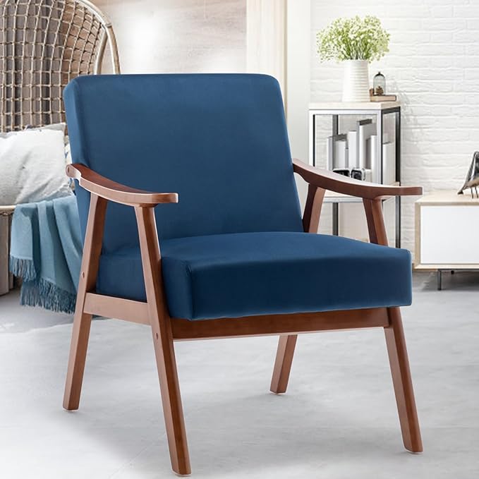 Fefances Mid-Century Modern Accent Chair - Solid Wood Frame Ultra-Thick Backrest Wingback Design Perfect for Bedroom &amp Indoor Lounge AreaBlue