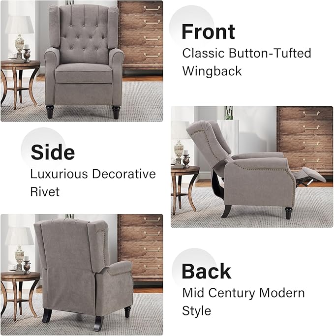 Bonzy Home Push Back Recliner Chair Mid Century Modern Wingback Chair Comfy Armchair Fabric Living Room Chairs with Rivet Decoration Button-Tufted Back Solid Wood Legs Gray