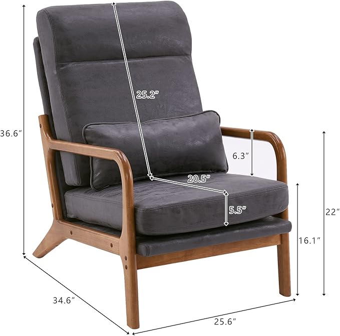 Karl home Accent Chair Mid-Century Modern Chair with Pillow High Back Bronzing Cloth Upholstered Lounge Arm Chair with Solid Wood Frame &amp Soft Cushion for Living Room Bedroom Balcony Dark Gray