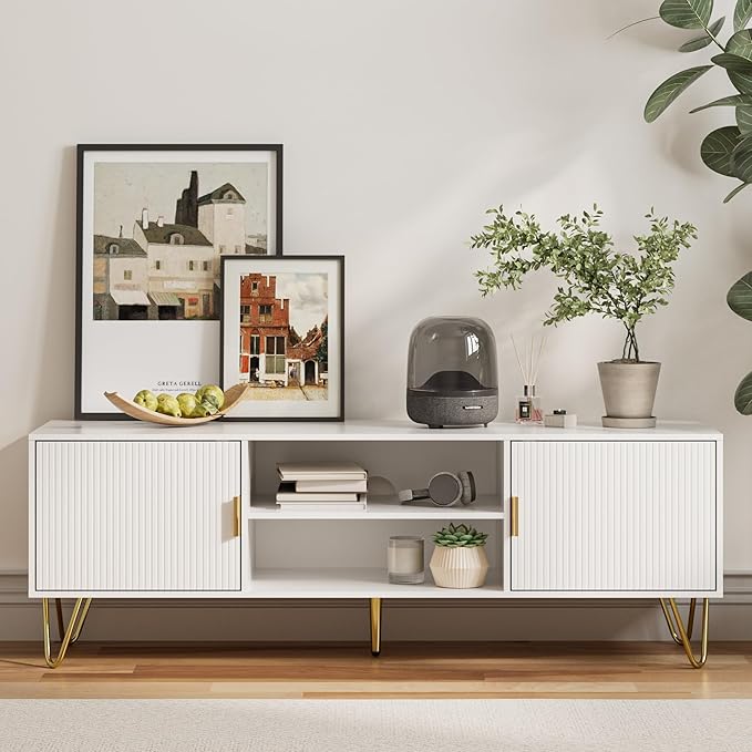 TV Stand for 55-65 Inch TV Entertainment Center with Soft Hinge DoorTV Console Table with 2 Cabinets with Gold Handle and Feetfor Living Room Bedroom White