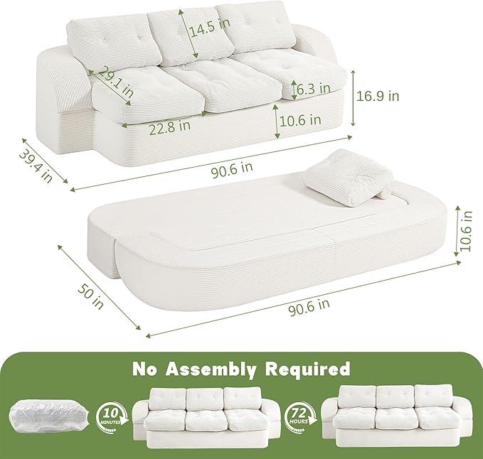 from Couch to Cloud: 3-Seater Boneless Sofa Bed for Small Spaces Cozy Tufted Corduroy Sleeper for Modern Adults No Assembly Needed Ships Compressed