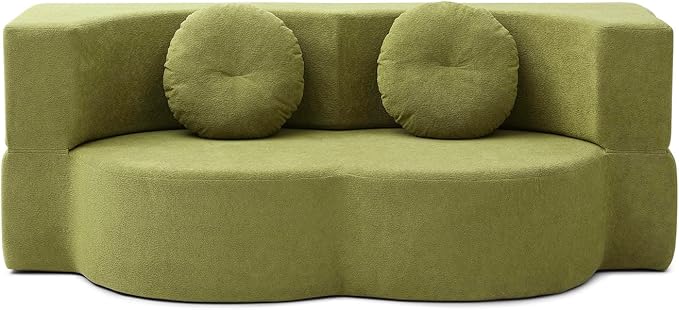 King Size Sofa Bed 76 Inch Convertible Futon Boneless Couch 2-in-1 Loveseat Sleeper Sofa with 2 Pillow Modern Velvet Fabric Floor Couch Bed for Living Room No Assembly Required (Green)