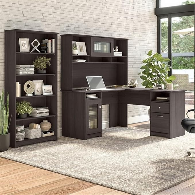 Bush Home Cabot 60W L Shaped Computer Desk with Hutch and 5 Shelf Bookcase in Heather Gray