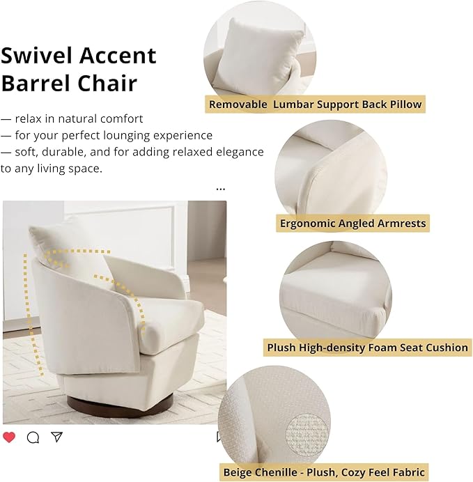 Beige Swivel Accent Chair Set of 2Comfy 360-Degree Swivel Barrel Chair with Back Pillow Living Room Bedroom Accent Arm Chairs Small Modern Upholstered Single Office Club Sofa ChairChenille