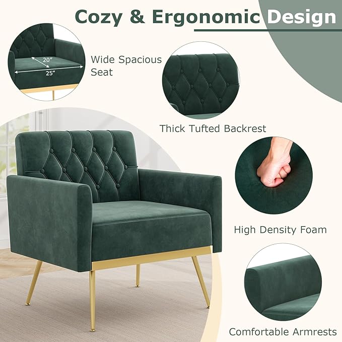 Giantex Modern Velvet Accent Chair - Mid-Century Upholstered Single Sofa Chair w/Button Tufted Back Golden Metal Legs Adjustable Foot Pads Comfy Living Room Armchair for Bedroom Dark Green