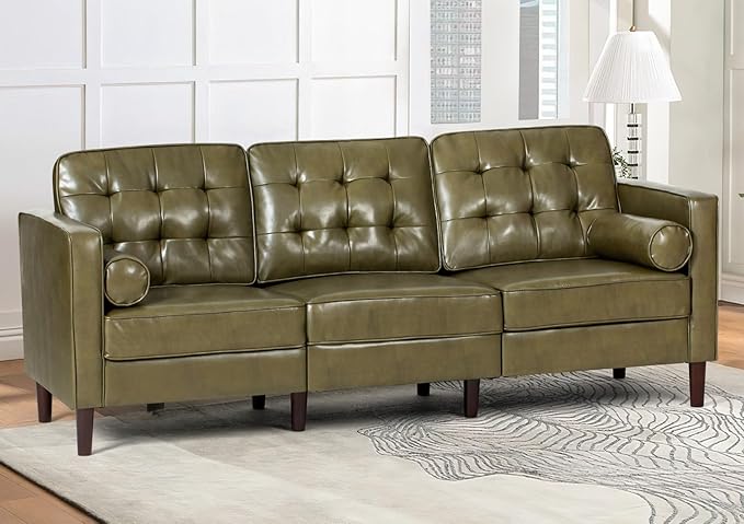 84” Faux Leather Sofa with Tufted Backrest Upholstered 3-Seat Couch with 2 Bolster Pillows Mid-Century Sofa with Wooden Legs for Living Room Bedroom Office Olive Green
