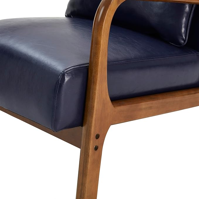 Glitzhome 2 Set Mid Century Navy Blue Accent Armchair Single Reading Armchair PU Leather Lounge Chair with Walnut Ruberwood Frame