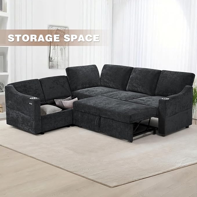 84 Chenille Modular Sleeper Sofa with Adjustable Backrests Convertible Corner Sofa with USB Ports L-Shape Sectional Couch with Pull-Out Bed &amp Storage Space for House Living Room Black