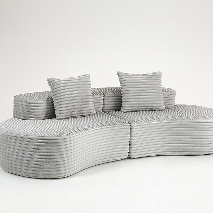 110 Modern Curved Sectional Sofa Compressed Sofa with Half Moon Design and 2 Pillows No Assembly Require Couch with Tufted Cushions Corduroy Sofa for Living Room (Smoke Grey)