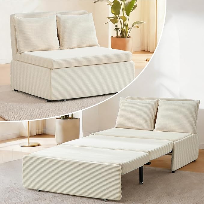 ijuicy 3 in 1 Pull Out Sofa Bed Twin Corduroy Sleeper Sofa with Pullout Bed Convertible Loveseat Couch Beds with Pillows and Tri-fold Mattress for Small Spaces Apartment-Beige