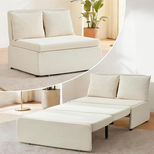 ijuicy 3 in 1 Pull Out Sofa Bed Twin Corduroy Sleeper Sofa with Pullout Bed Convertible Loveseat Couch Beds with Pillows and Tri-fold Mattress for Small Spaces Apartment-Beige