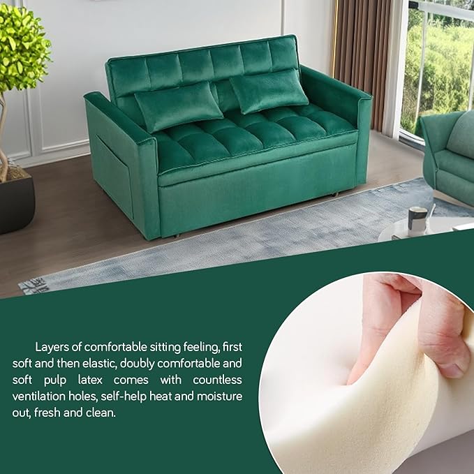 55 Convertible Full Size Sofa Bed 3 in 1 Velvet Sleeper Sofa with Pull-Out Bed Futon Couch with Adjustable Backrest and Side PocketModern Loveseat for Small SpacesLiving Room (Green)