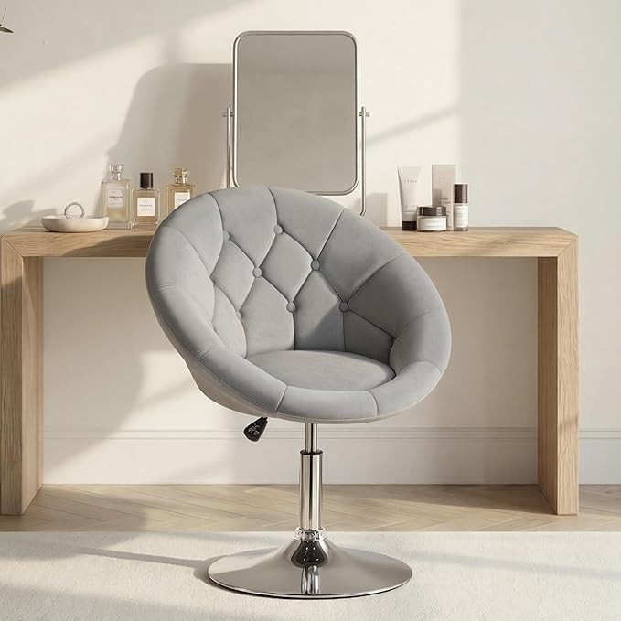 Yaheetech Adjustable Vanity Chair with Round Tufted Back Swivel Velvet Salon Chair for Bedroom Living Room Office Gray