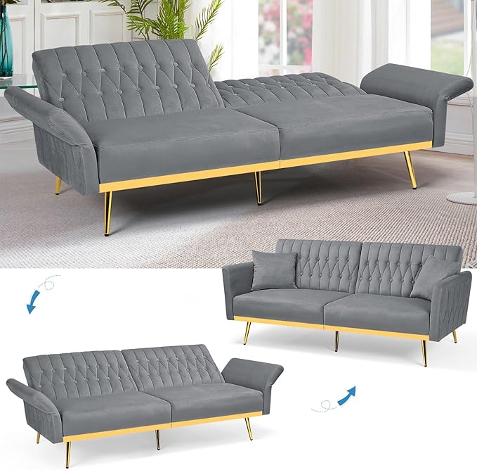 70” Velvet Futon Sofa Bed with 2 Pillows and Adjustable Armrests Convertible Sleeper Bed W/Adjustable Backrests Modern Loveseat for Living Room Bedroom Light Grey