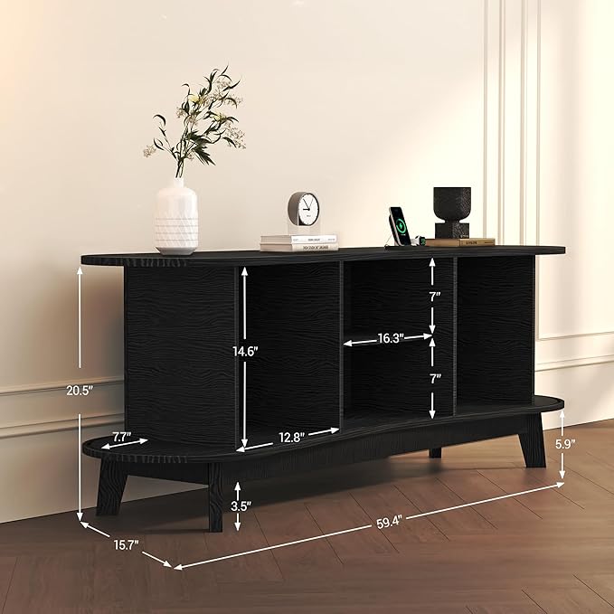 Mid Century Modern TV Stand for 65 Inch TVs Fluted TV Stands with Open Shelves and Sliding Door Media Cabinet with Power Outlet Entertainment Center with Storage for Living Room Black