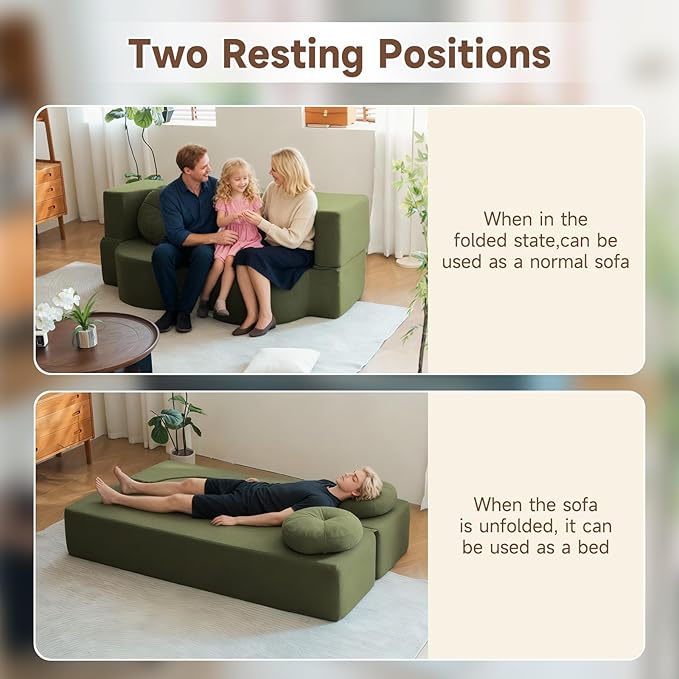 2-in-1 Convertible Folding Sofa Bed Sleeper Sofa with Pillow Teddy Fabric High-Density Foam Floor Mattress Sleeper for Living Room Guest Use Office Apartment No Assembly Required (Green)