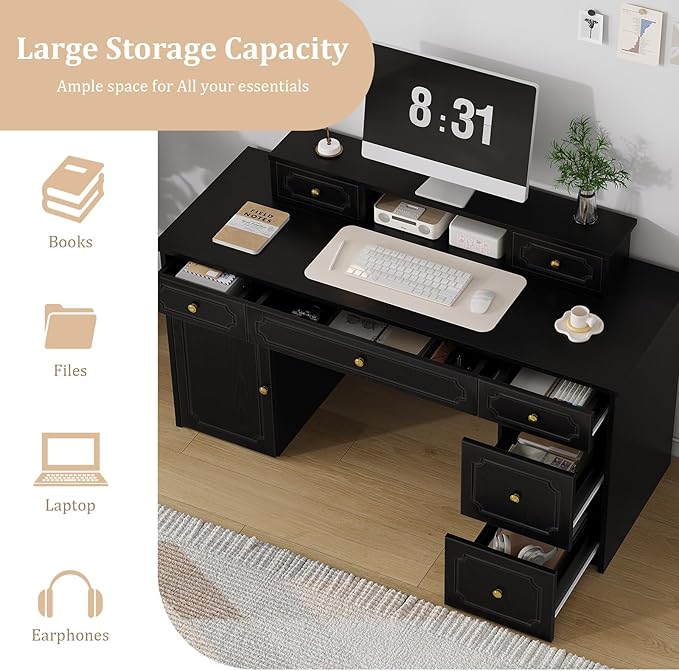 Catrimown Black Desk with 7 Drawers 54 Inch Computer Desk with Cabinet for Work Writing Study Vanity Desk with Golden Handle for Girls Bedroom