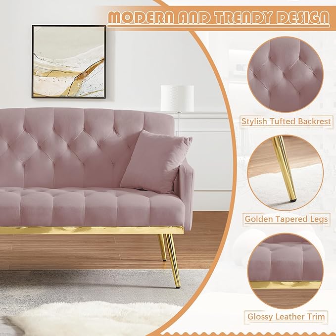 Small Velvet Loveseat Sofa 55.5-inch Modern Sofa Couch with with 2 Side Pockets Modern Tufted Sofas with Golden Metal Legs Upholstered Space Saving Love Seat for Living Room Bedroom Office Pink