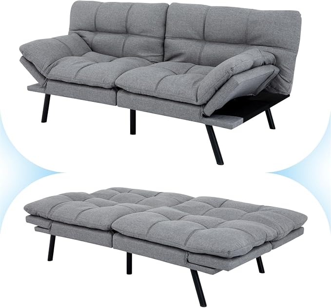 MUUEGM 71” Convertible Futon Sofa Bed Upholstered Small Futon Couches with Adjustable Backrest Loveseat Sleeper Bed for Compact Living Room Studio Office (Light Grey)