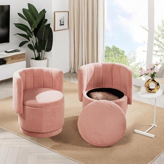 JOYBASE Swivel Accent Chair with Storage Set of 2 Swivel Barrel Accent Chair - Upholstered Boucle Fabric - for Bedroom Nursery Makeup Living Room (Pink)