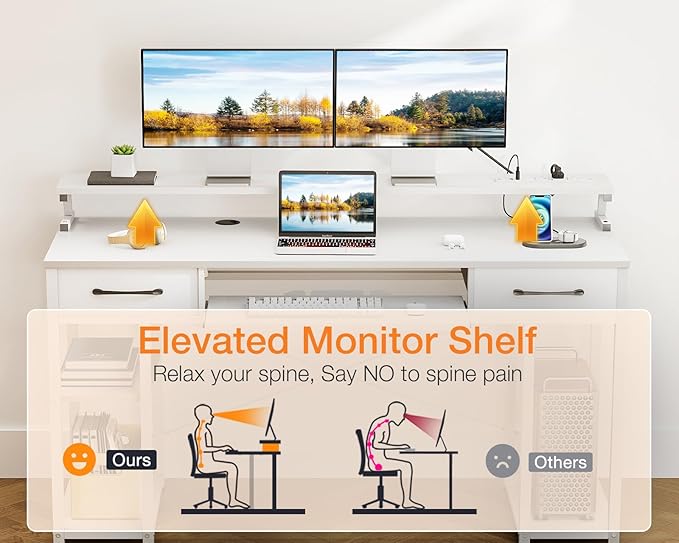 ODK Computer Desk with Drawers 55 Inch Office Desk with Power Outlet and Keyboard Tray &amp Storage Shelves &amp PC Stand Office Table Work Desk with Monitor Stand White