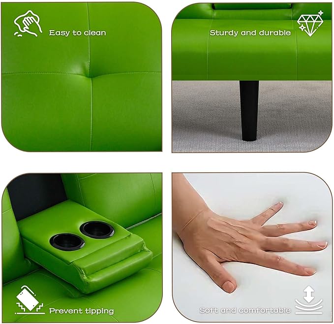 67 Futon Sofa BedConvertible Sofa Bed with 2 Cup HoldersSleeper Couch PVC Leather Removable Soft Armrest Small Couch for Living Room Apartments ﻿ (Green)