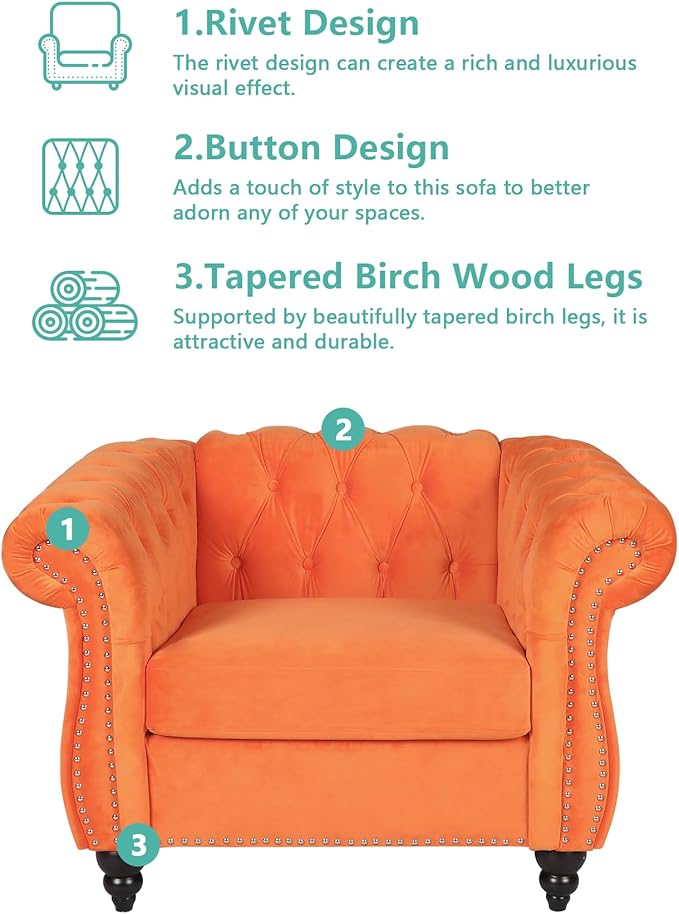 AVZEAR Living Room Accent Chair Upholstered Sofa Chair Single Sofa Chair with Tufted Back Velvet Chesterfield Sofa Chair for Living Room Apartment Orange