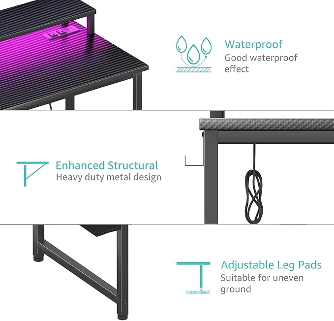 Lufeiya Gaming Desk with Power Outlets and LED Lights 40 Inch Gamer Desk Table with Charging Station Home Office Computer Desks with Monitor Black