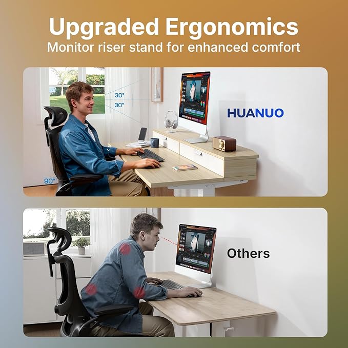 HUANUO 32 x 21 inch Small Electric Standing Desk with 2 Drawers C-Clamp Mount Compatible Height Adjustable Sit Stand Desk Home Office Stand Up Desk with 4 Memory Height Settings Light Walnut
