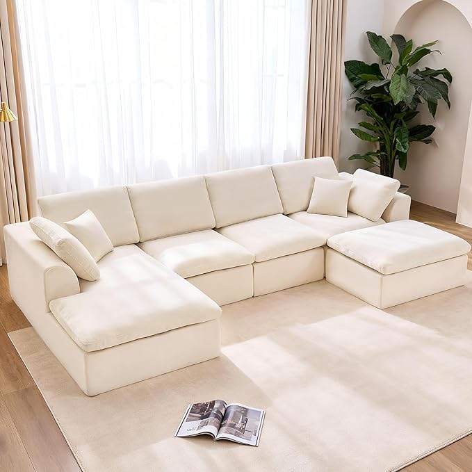 U Shaped Sectional Couch with Movable Ottoman 137.8 Inch Modular Sectional Sofa with Comfy Deep Seat 4-Seater Convertible Boneless Couches for Living Room Warm White