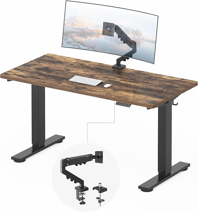 FLEXISPOT EN2 55''x28'' Standing Desk with Monitor Mount Bundle 1 Thick One-Piece Desktop Fully Adjustable Single Monitor Arm with Cable Management Bundle for Office Gaming &amp Study Rustic Br