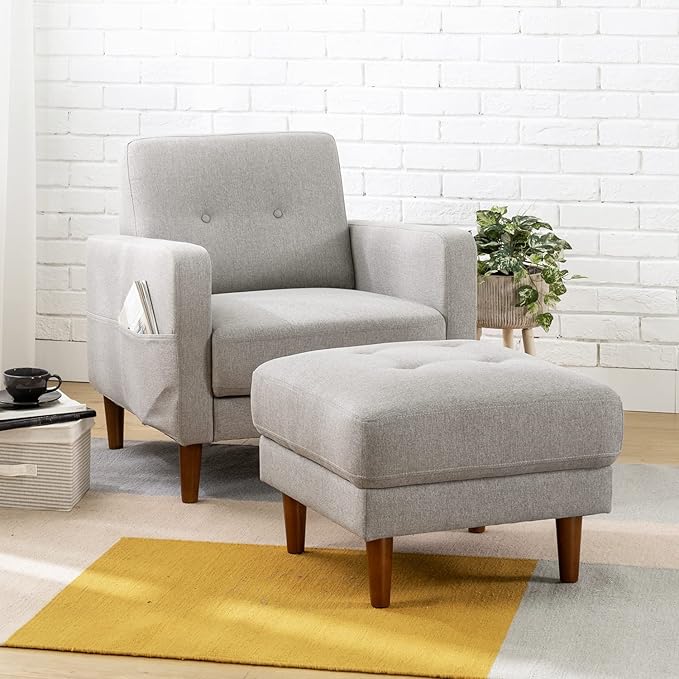 Mellow ADAIR Mid-Century Modern Armchair with Armrest Pockets Tufted Linen Fabric Light Grey
