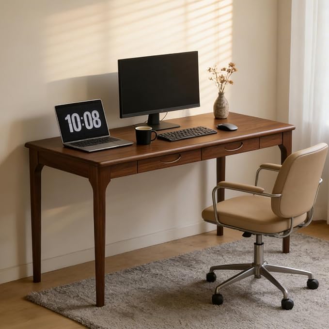 47 Solid Wood Desk with Drawers Small Home Office Writing Wooden Desk Gaming &amp Computer Desk for Bedroom Work Study Table for Small Space(Walnut47 Inch)