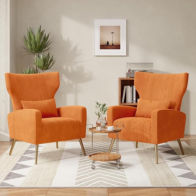 Velvet Accent Chair Set of 2Wingback for Living Room High Back Arm Chair with Golden Legs Lumbar Pillow Upholstered Single Sofa Bedroom Orange
