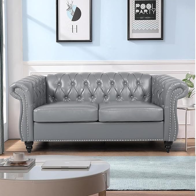 AVZEAR Chesterfield Loveseat Sofa Upholstered Sofa Modern Sofa Couches Set Style Button Tufted PU Chesterfield Sofa for Living Room Apartment PU Grey